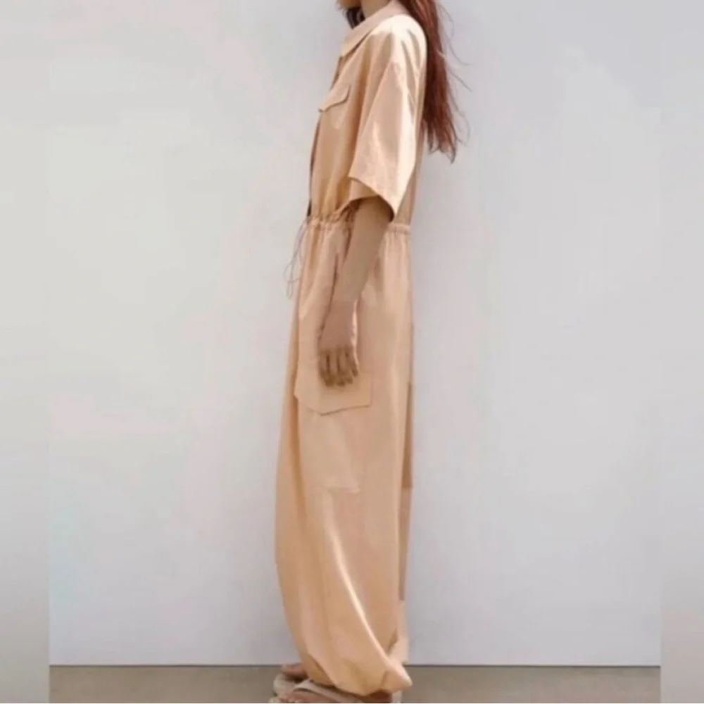 Zara‎ Utility Cotton Jumpsuit Cargo Snap Peach Size Small - Picture 3 of 11